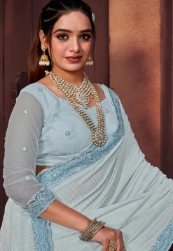 Half N Half Net and Elastane Saree in Light Blue