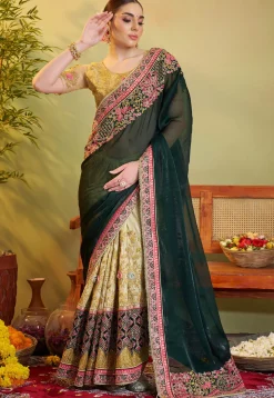 Half N Half Organza Saree in Dark Green and Beige