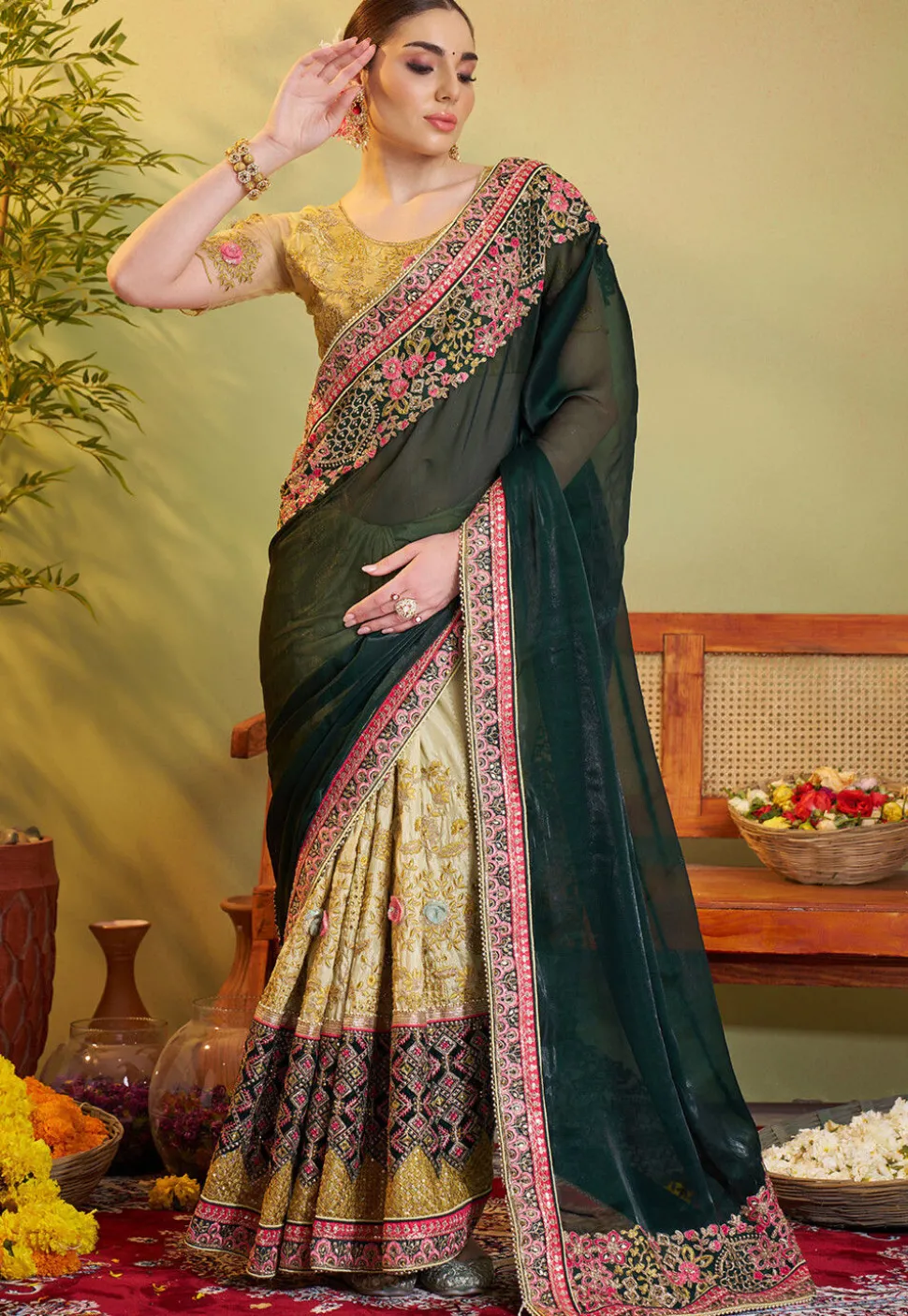 Half N Half Organza Saree in Dark Green and Beige