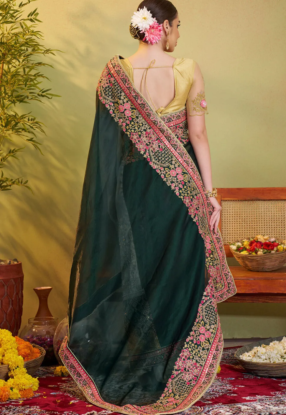 Half N Half Organza Saree in Dark Green and Beige