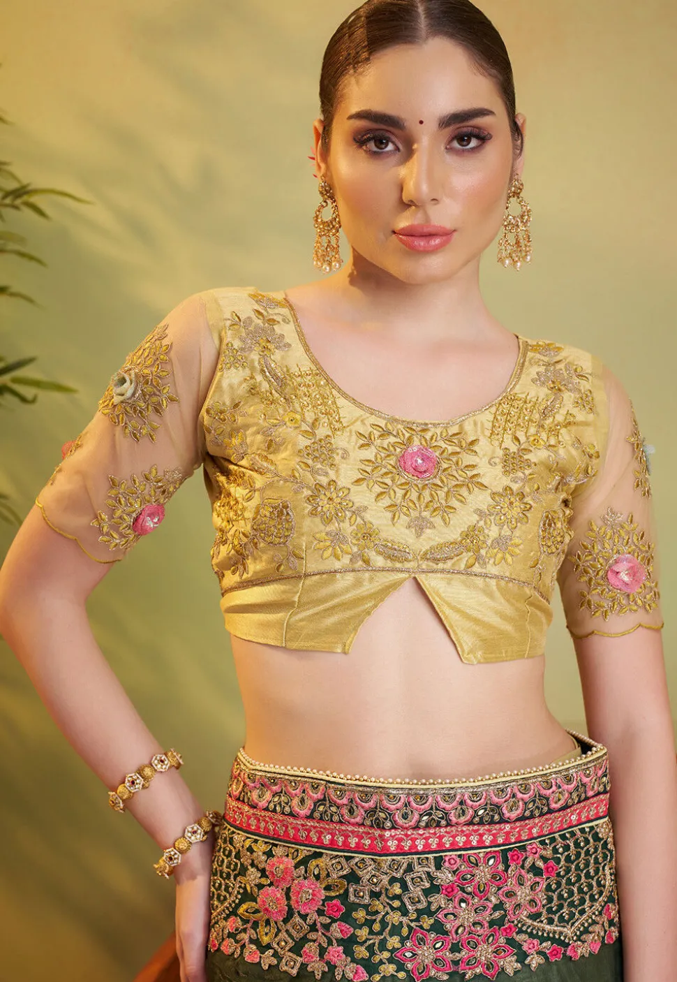 Half N Half Organza Saree in Dark Green and Beige