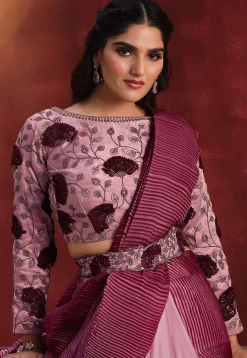 Half N Half Polyester and Satin Georgette Saree in Pink