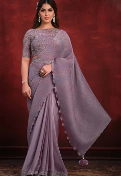Half N Half Polyester and Satin Georgette Saree in Purple