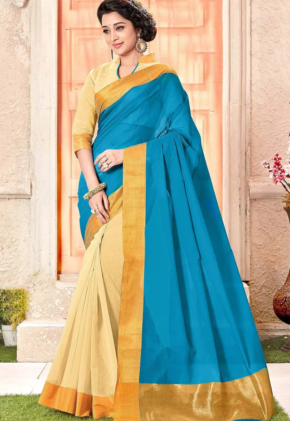 Half N Half Pure South Cotton Saree in Blue and Light Beige