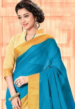 Half N Half Pure South Cotton Saree in Blue and Light Beige