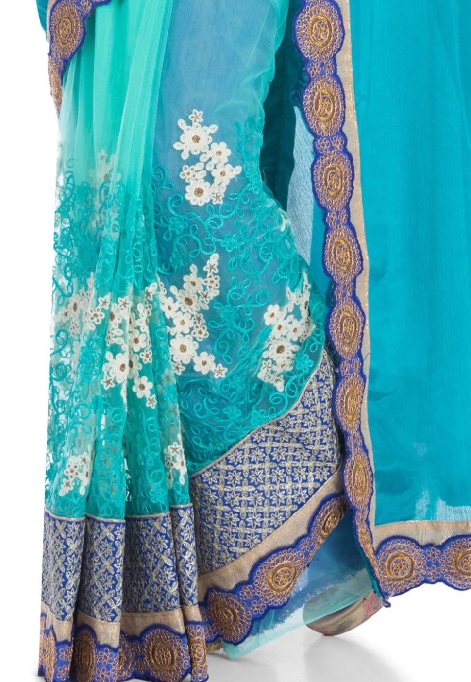 Half N Half Satin Chiffon Saree in Teal Blue