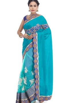 Half N Half Satin Chiffon Saree in Teal Blue