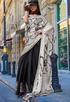 Half N Half Satin Crepe Saree in Black and Beige