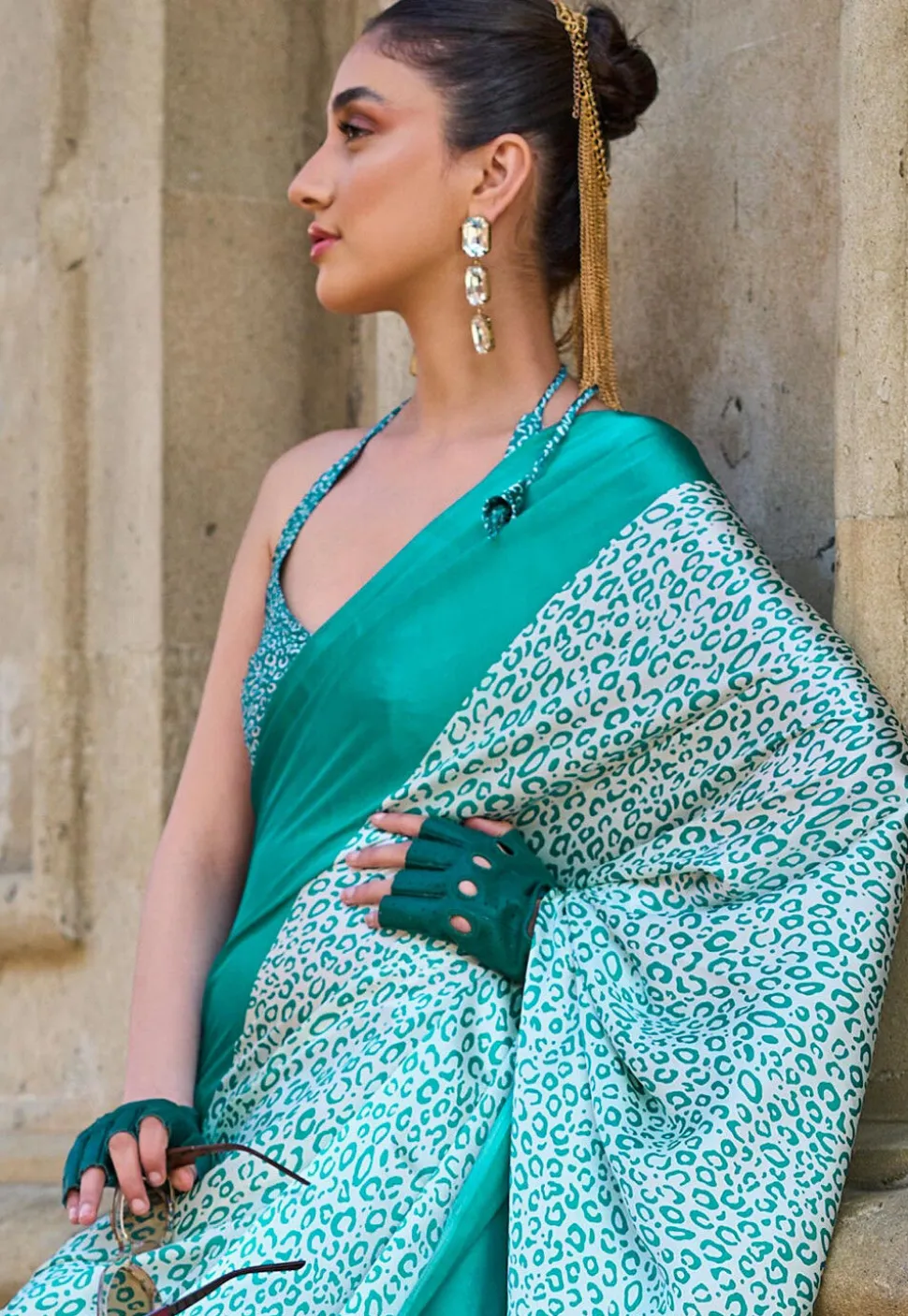 Half N Half Satin Crepe Saree in Sea Green
