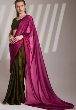 Half N Half Satin Georgette Saree in Fuchsia and Olive Green