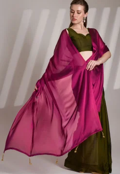 Half N Half Satin Georgette Saree in Fuchsia and Olive Green