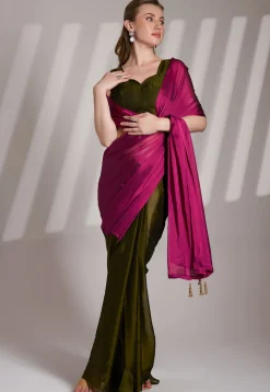 Half N Half Satin Georgette Saree in Fuchsia and Olive Green