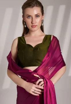 Half N Half Satin Georgette Saree in Fuchsia and Olive Green