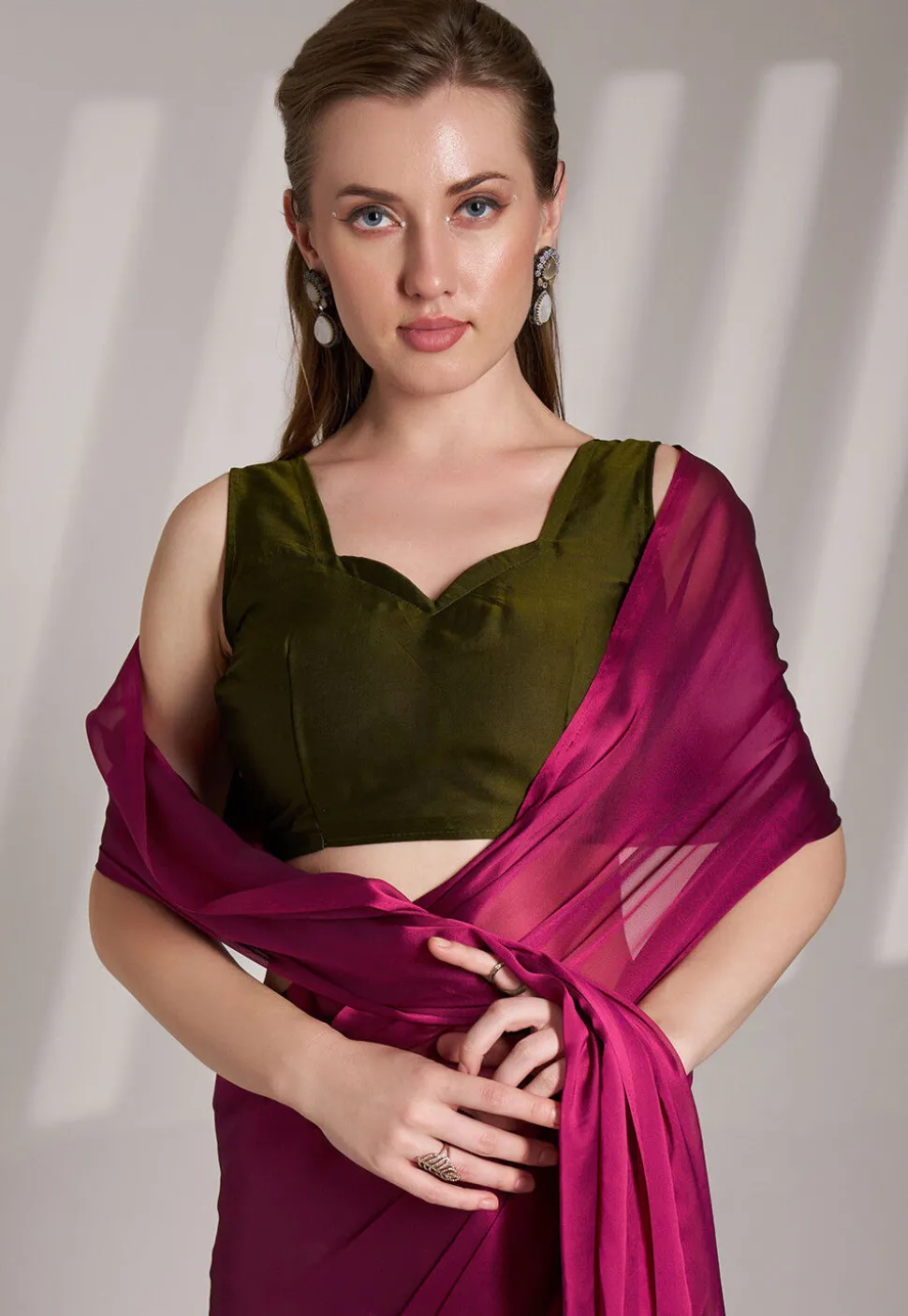 Half N Half Satin Georgette Saree in Fuchsia and Olive Green