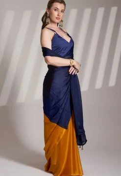 Half N Half Satin Saree in Navy Blue and Mustard