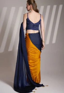 Half N Half Satin Saree in Navy Blue and Mustard