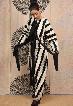 Hand Applique Pure Cotton Jumpsuit in Beige and Black