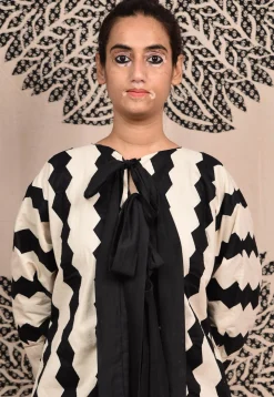Hand Applique Pure Cotton Jumpsuit in Beige and Black