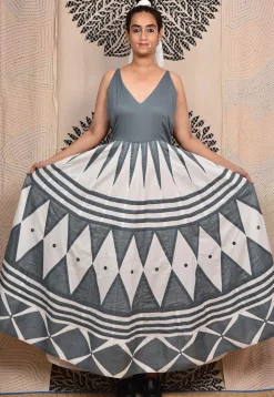 Hand Applique Pure Cotton Maxi Dress in Grey and White