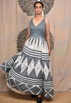 Hand Applique Pure Cotton Maxi Dress in Grey and White