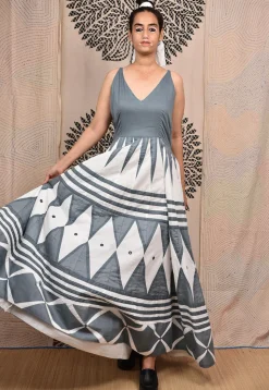Hand Applique Pure Cotton Maxi Dress in Grey and White