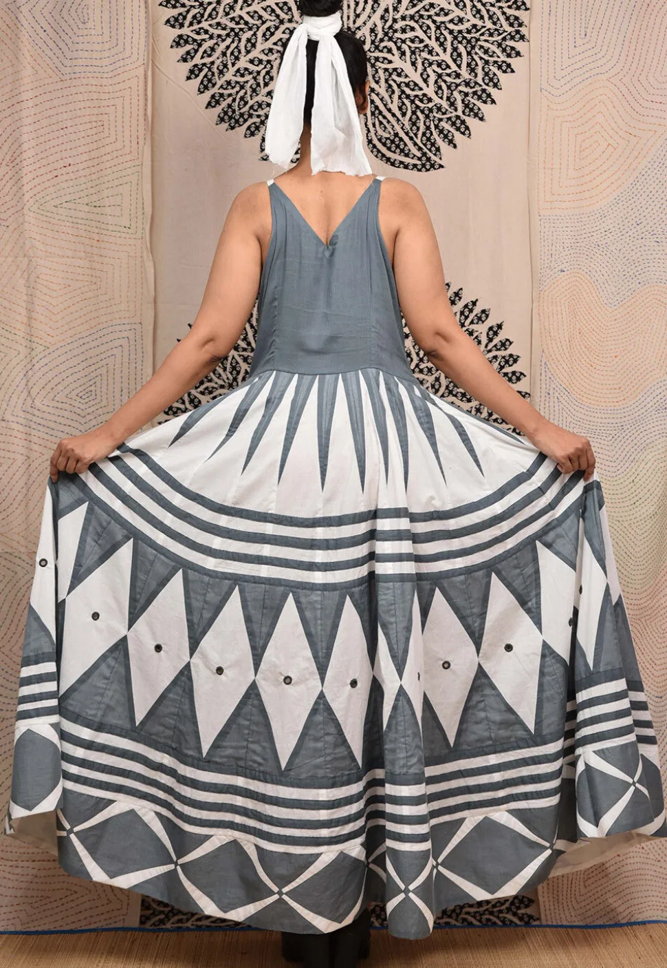 Hand Applique Pure Cotton Maxi Dress in Grey and White