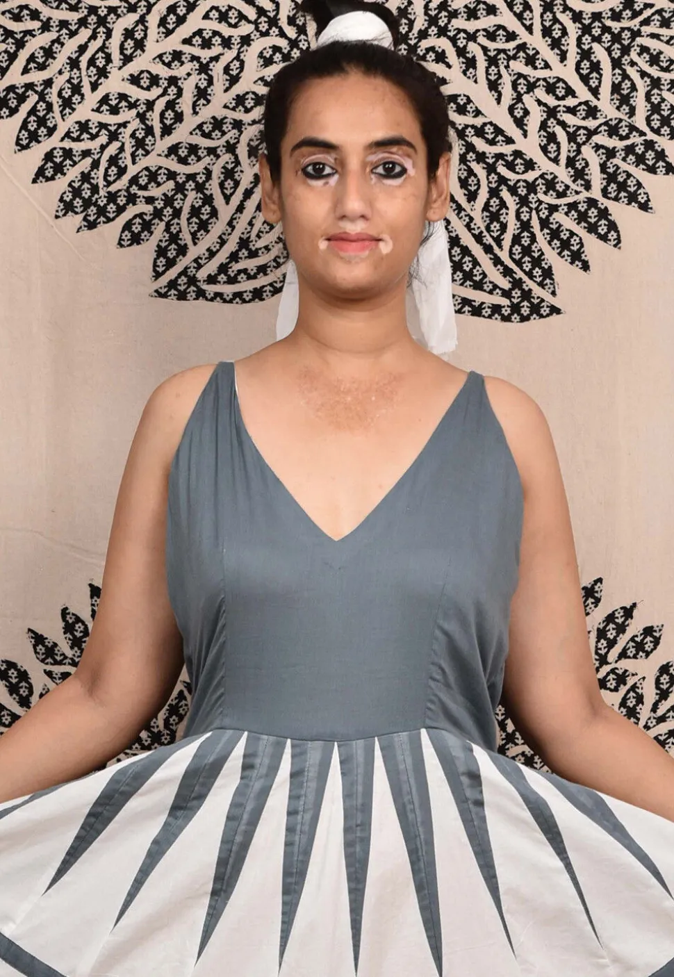 Hand Applique Pure Cotton Maxi Dress in Grey and White