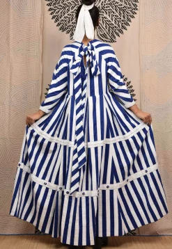 Hand Applique Pure Cotton Maxi Dress in White and Royal Blue