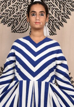 Hand Applique Pure Cotton Maxi Dress in White and Royal Blue
