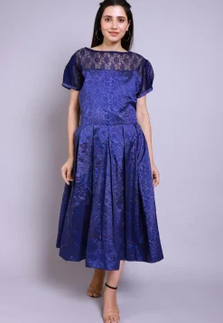 Hand Block Printed Art Silk Back Tie Up Dress in Indigo Blue
