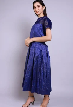 Hand Block Printed Art Silk Back Tie Up Dress in Indigo Blue