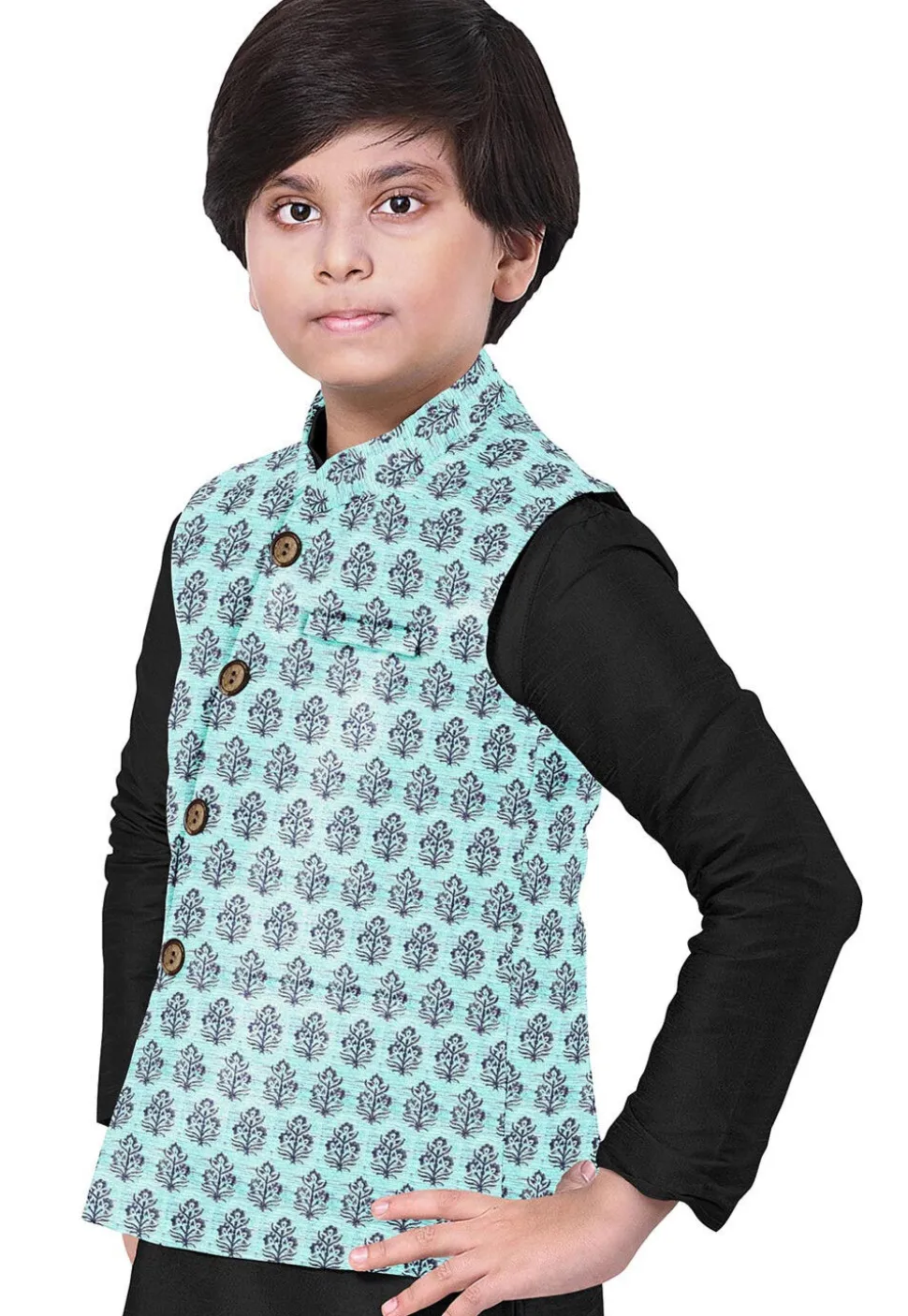 Hand Block Printed Art Silk Nehru Jacket in Sky Blue
