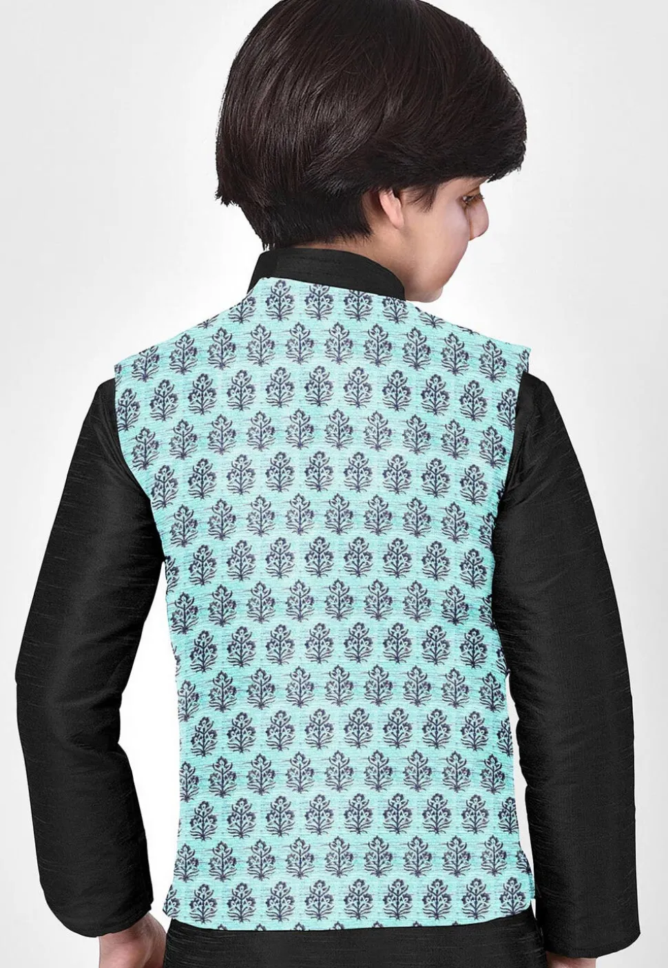 Hand Block Printed Art Silk Nehru Jacket in Sky Blue