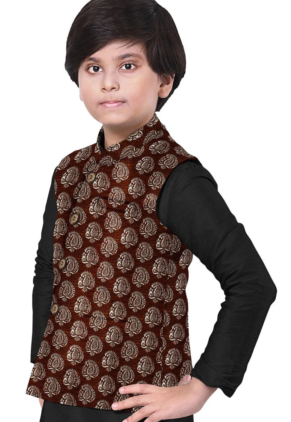 Hand Block Printed Art Silk Nehru Jacket in Brown
