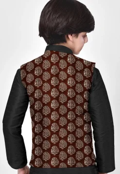Hand Block Printed Art Silk Nehru Jacket in Brown