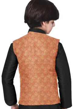 Hand Block Printed Art Silk Nehru Jacket in Peach