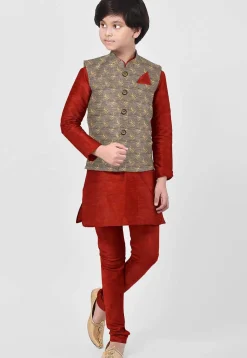Hand Block Printed Art Silk Kurta Jacket Set in Red and Dark Beige