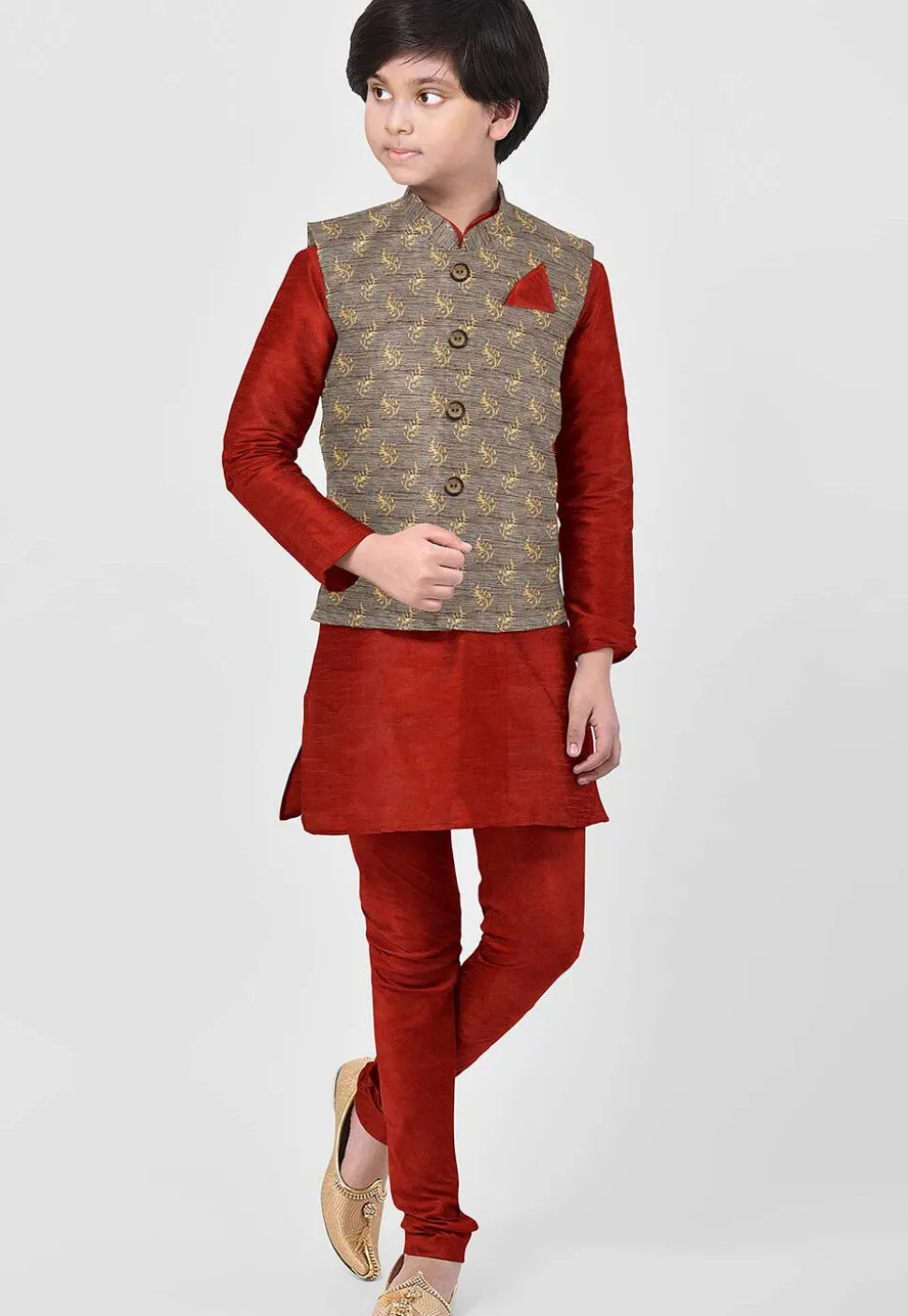 Hand Block Printed Art Silk Kurta Jacket Set in Red and Dark Beige
