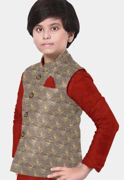 Hand Block Printed Art Silk Kurta Jacket Set in Red and Dark Beige