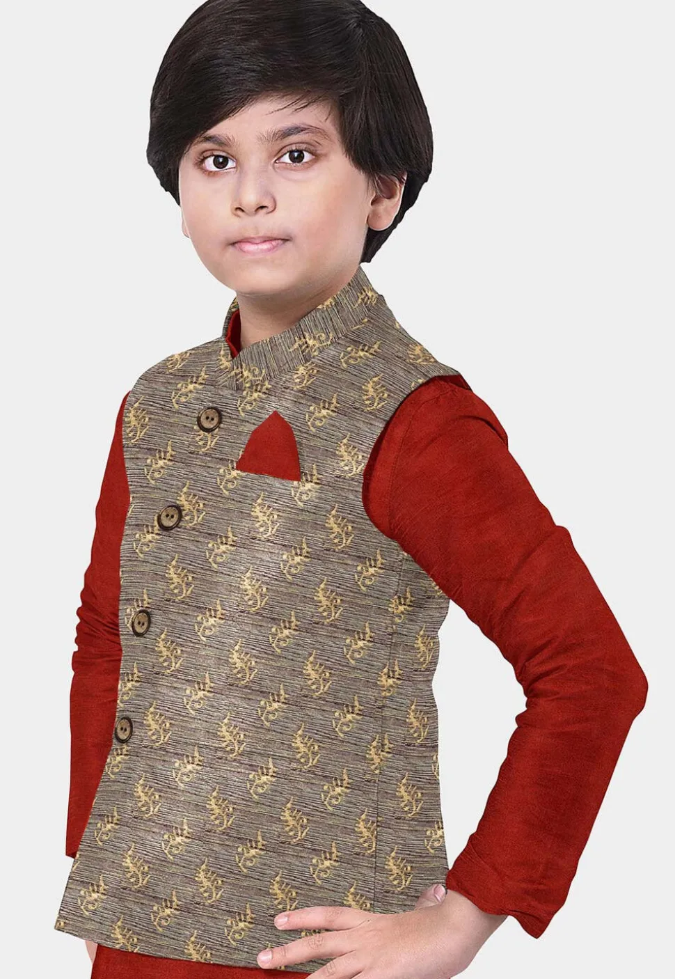 Hand Block Printed Art Silk Kurta Jacket Set in Red and Dark Beige