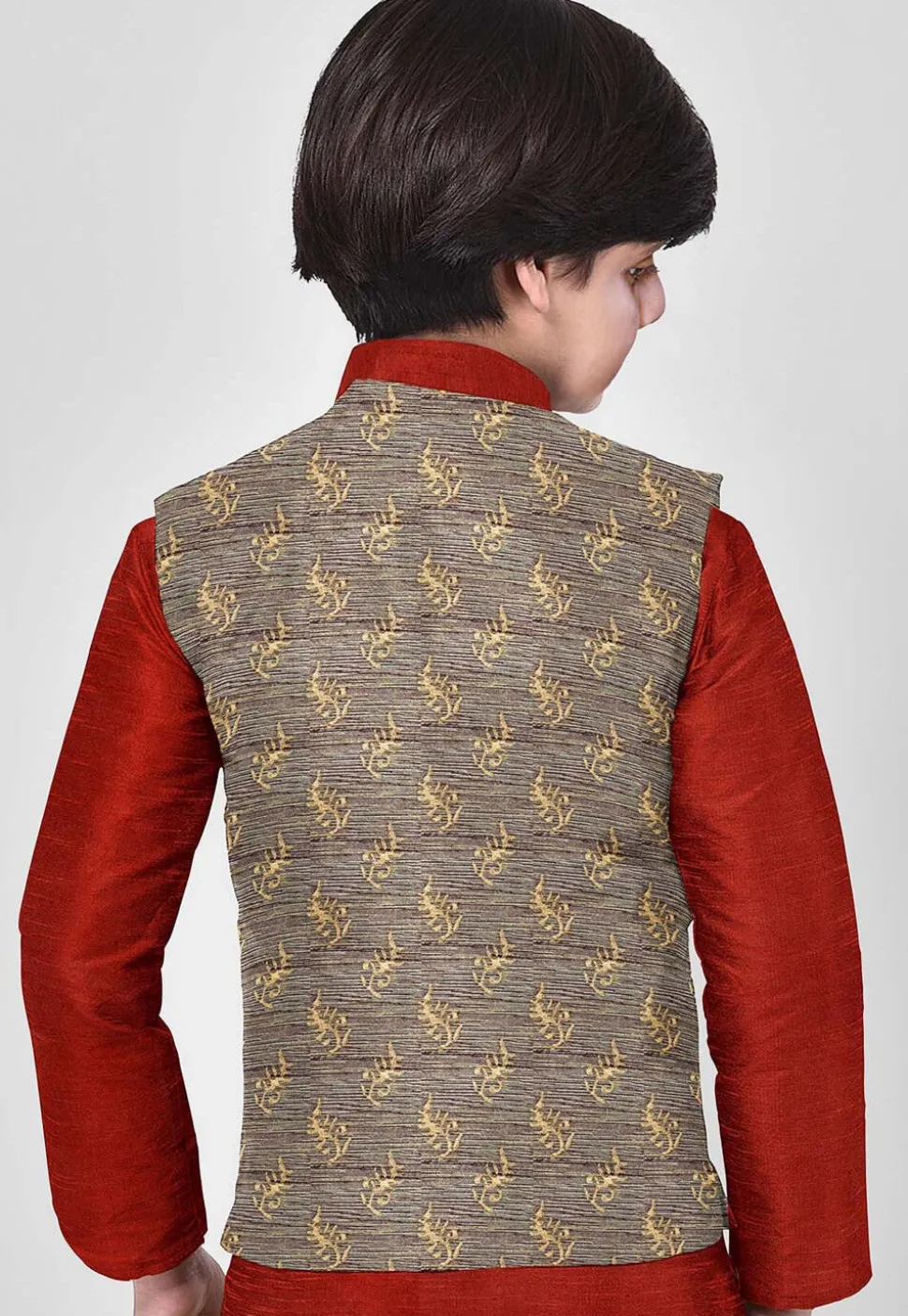 Hand Block Printed Art Silk Kurta Jacket Set in Red and Dark Beige