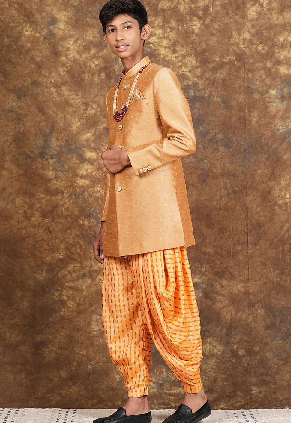 Hand Block Printed Art Silk Sherwani in Beige