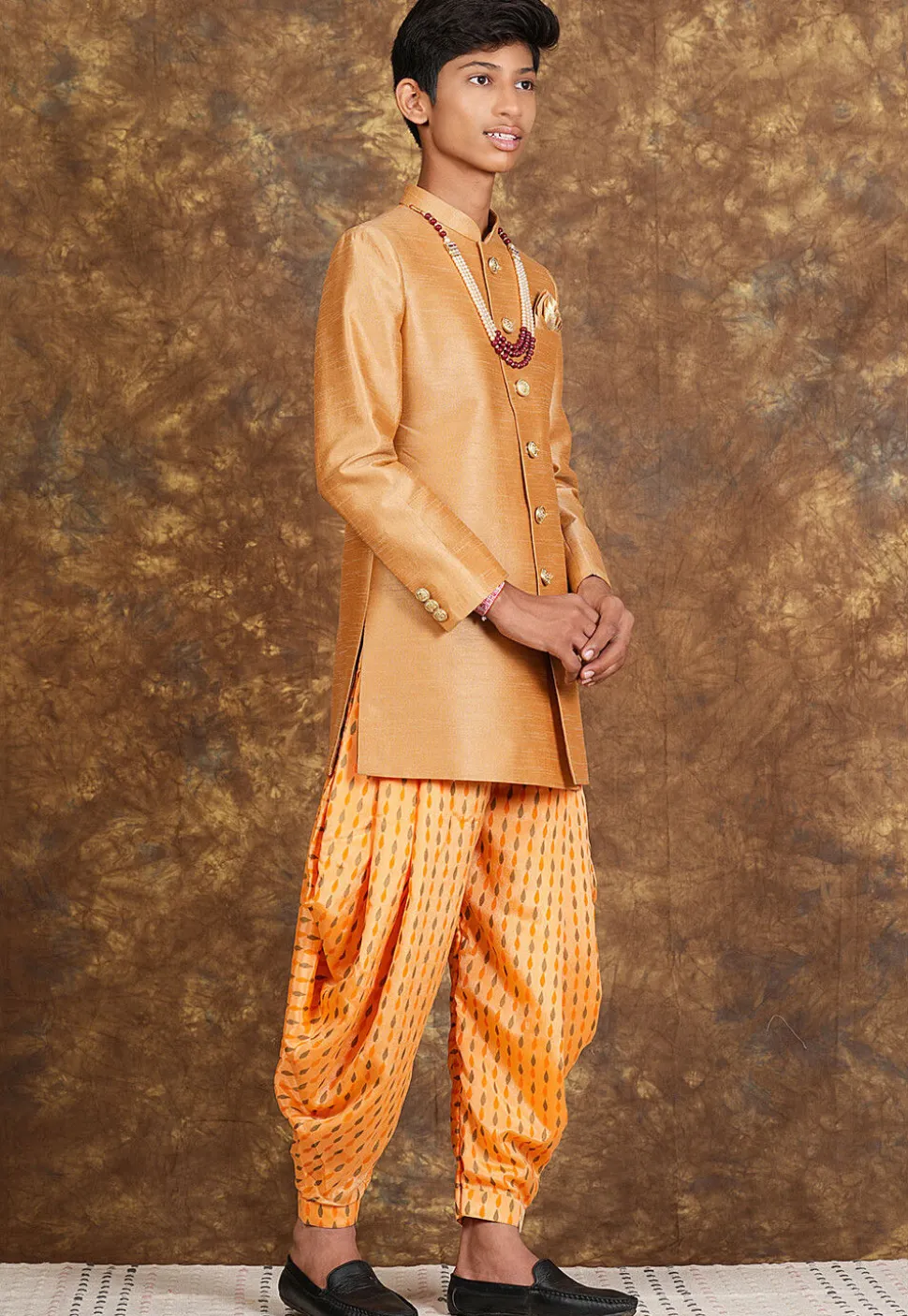 Hand Block Printed Art Silk Sherwani in Beige