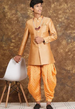 Hand Block Printed Art Silk Sherwani in Beige