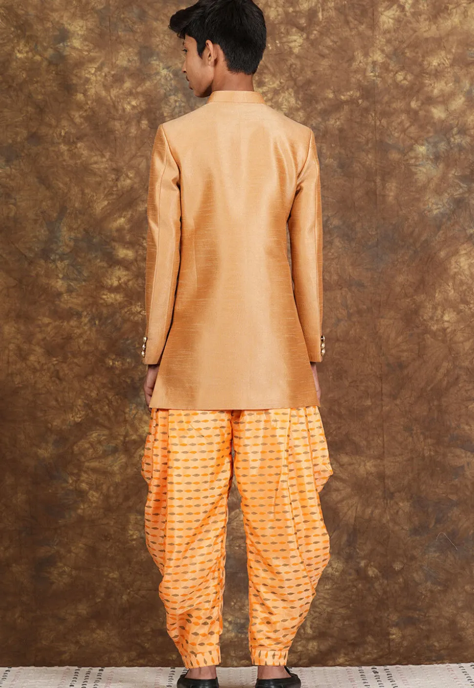 Hand Block Printed Art Silk Sherwani in Beige