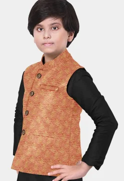 Hand Block Printed Art Silk Kurta Jacket Set in Black and Peach