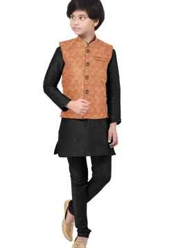 Hand Block Printed Art Silk Kurta Jacket Set in Black and Peach