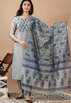 Hand Block Printed Chanderi Silk Pakistani Suit in Grey