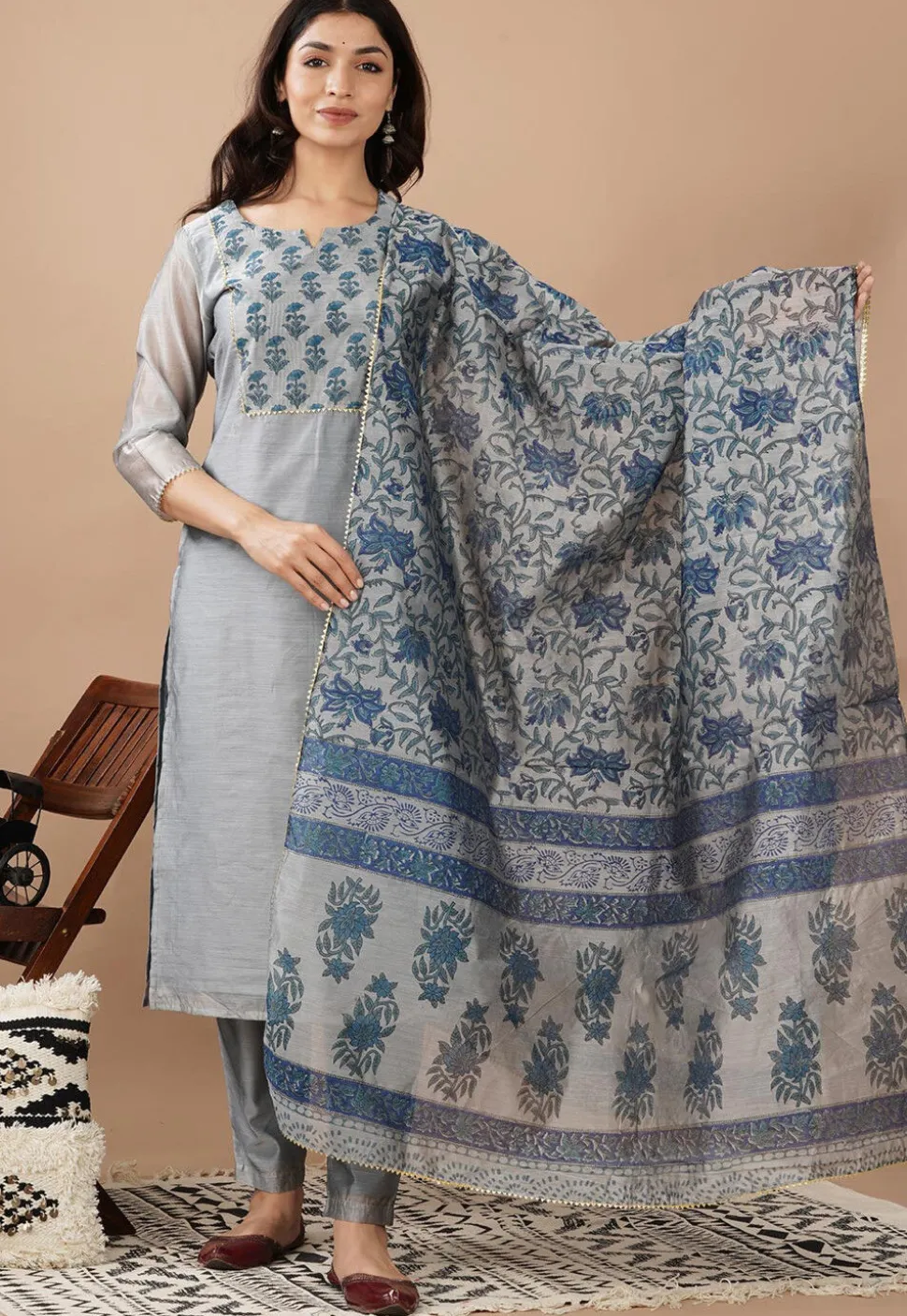 Hand Block Printed Chanderi Silk Pakistani Suit in Grey
