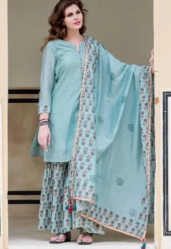 Hand Block Printed Chanderi Silk Pakistani Suit in Sky Blue